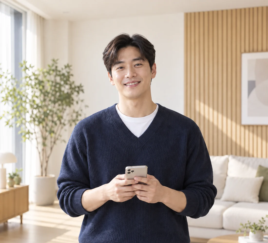 휴대전화로 문자 상담을 하며 미소 짓는 고객